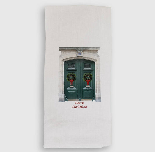 Green Door Merry Christmas Linen Tea Towel - French Graffiti