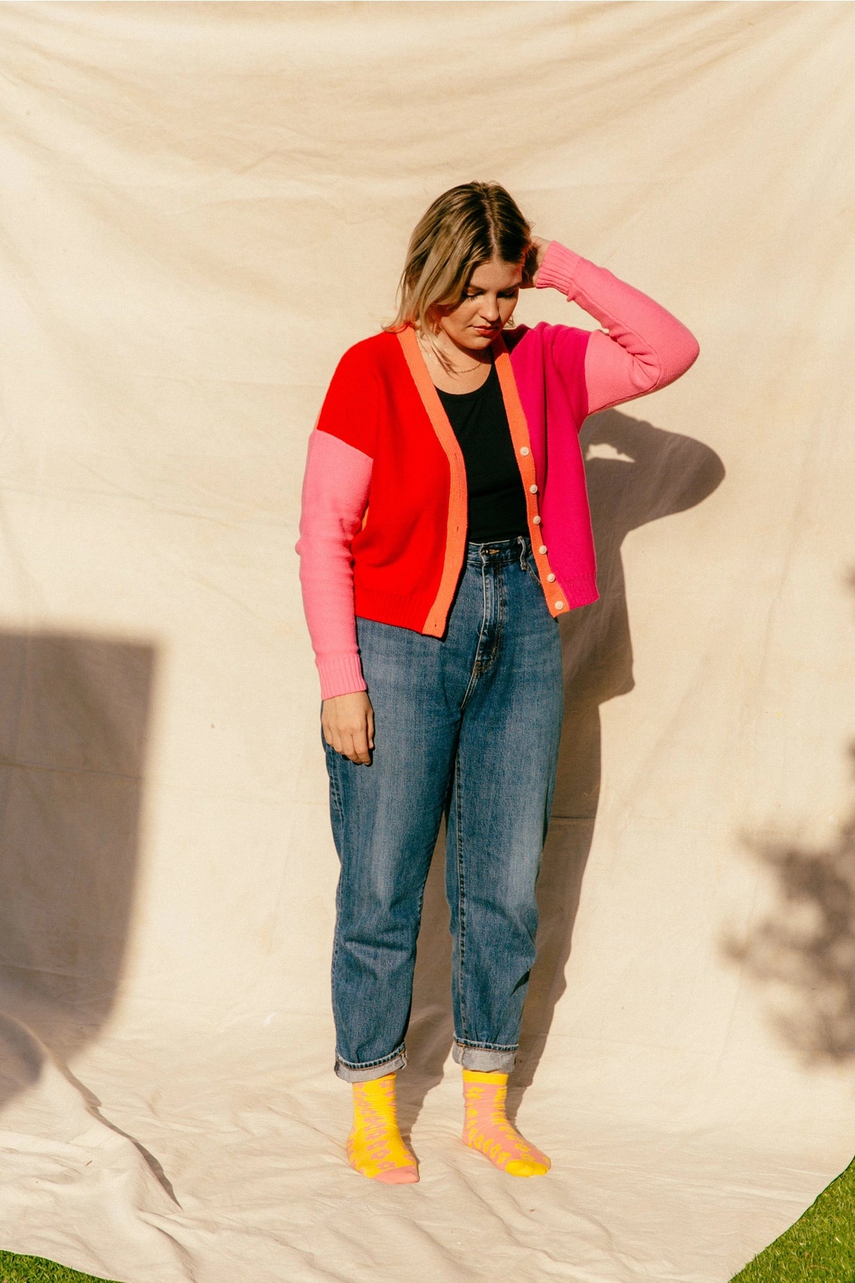 Colorblock Cardigan - Pink + Orange - Soft Haus