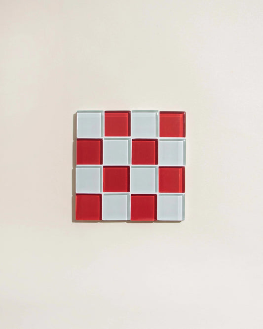 Glass Tile Coaster - Red + White Check - Subtle Art Studios