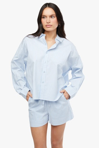 Cropped Button Front Shirt - Classic Blue Stripe - We Wore What