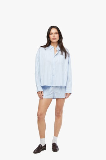 Cropped Button Front Shirt - Classic Blue Stripe - We Wore What