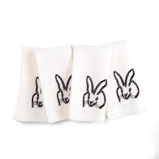 Painted Bunny Embroidered Linen Dinner Napkin - Black Bunny - Hunt Slonem Hop Up Shop