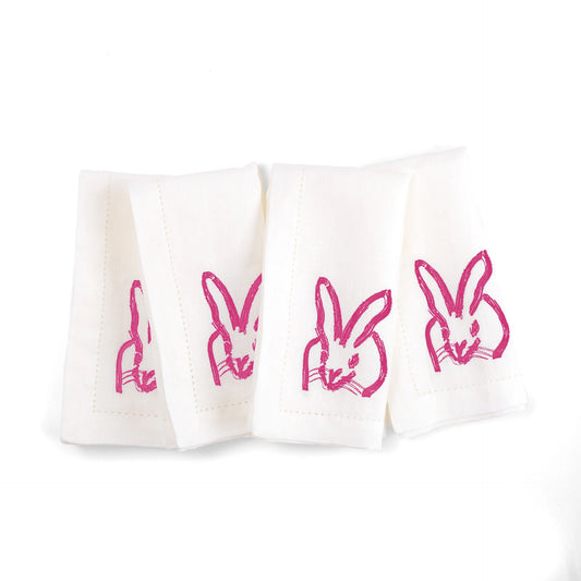 Painted Bunny Embroidered Linen Dinner Napkin - Pink Bunny - Hunt Slonem Hop Up Shop