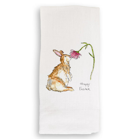 Bunny with Flower Easter Linen Tea Towel - French Graffiti