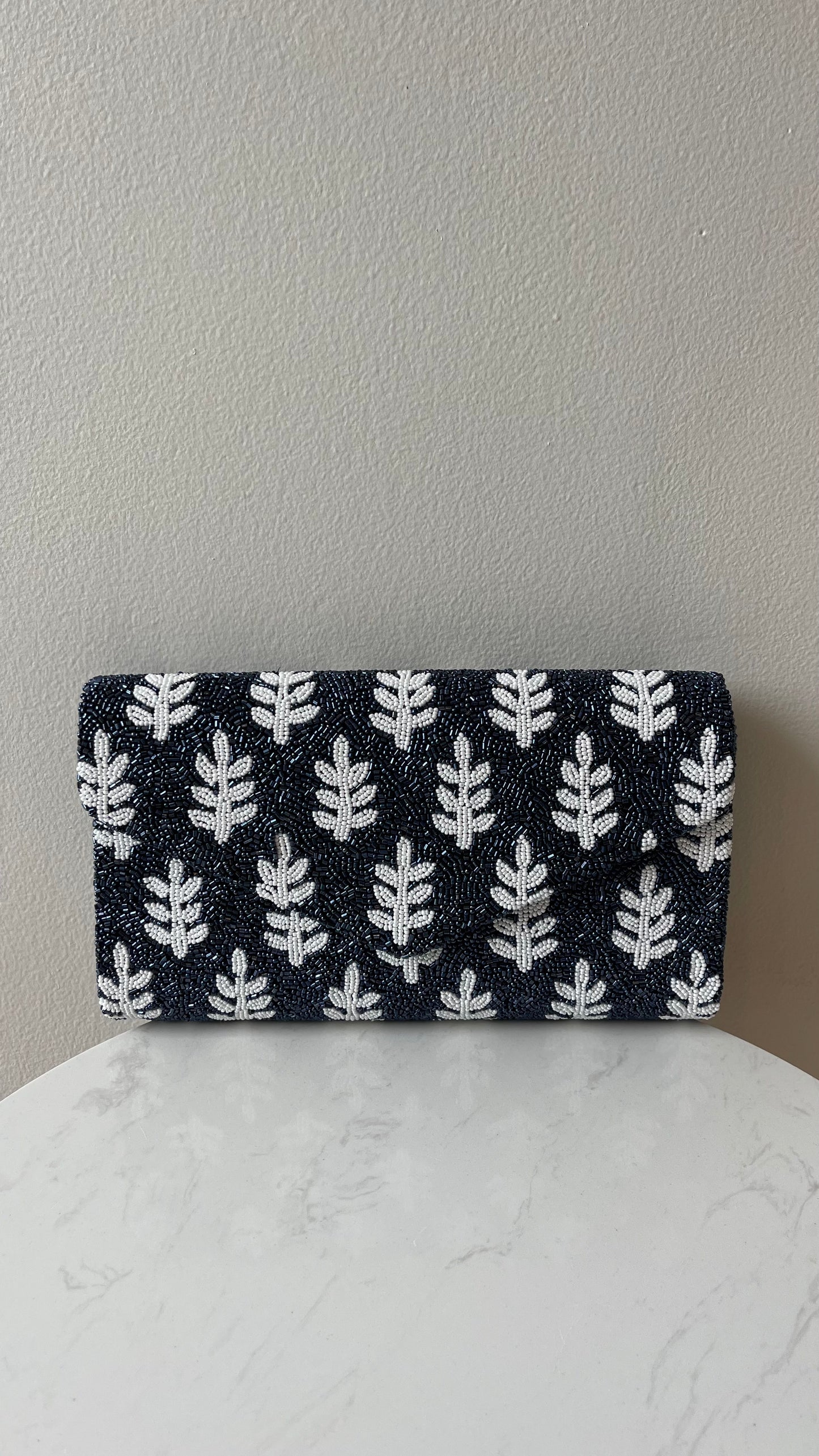 Navy and White Beaded Crossbody Clutch - Tiana Designs