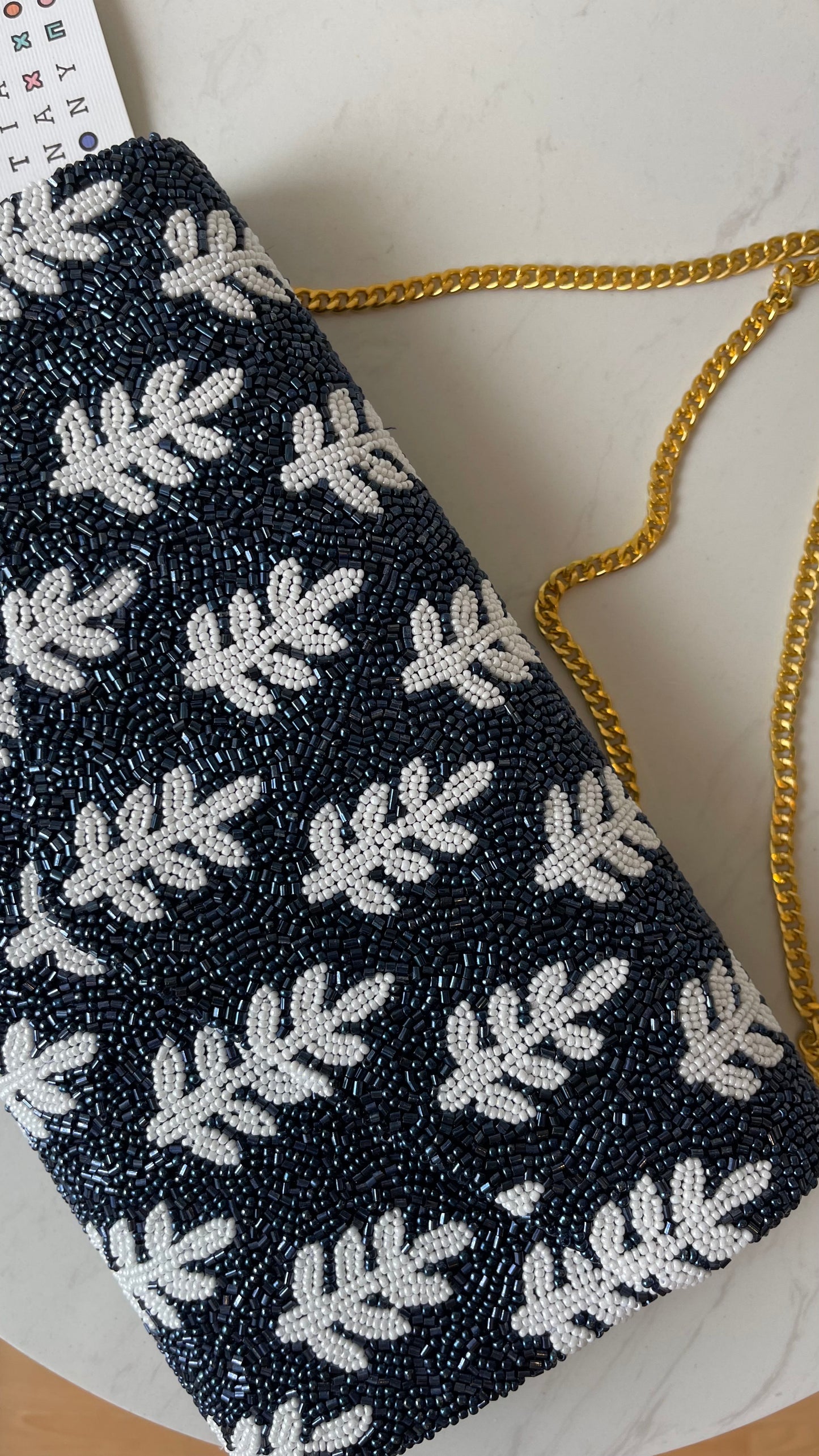 Navy and White Beaded Crossbody Clutch - Tiana Designs