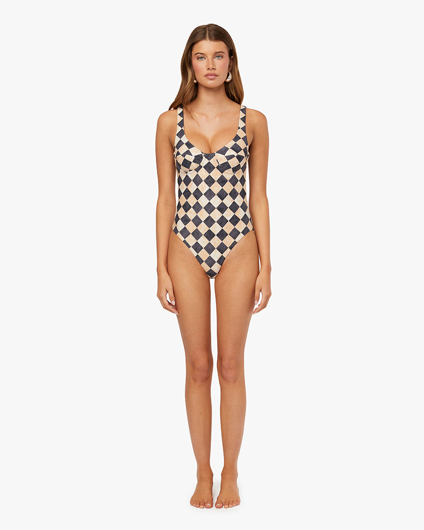Checkerboard Scoop Underwire One Piece Bathing Suit - We Wore What