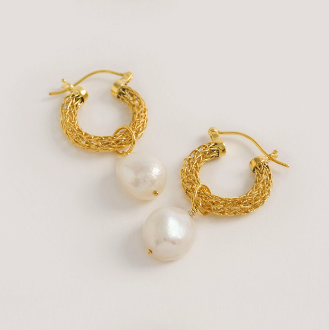 Gold Weave Mini Baroque Pearl Hoops - Freya Rose London