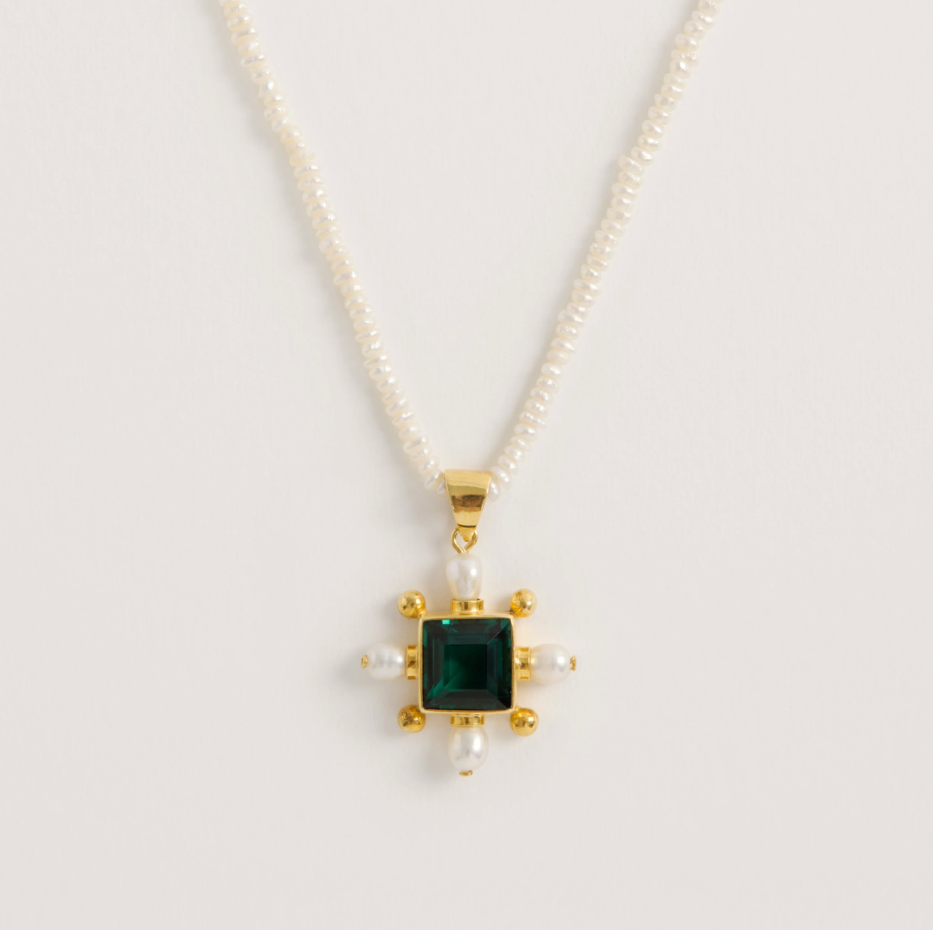 Seed Pearl Necklace Green Quartz Cross Pendant - Freya Rose