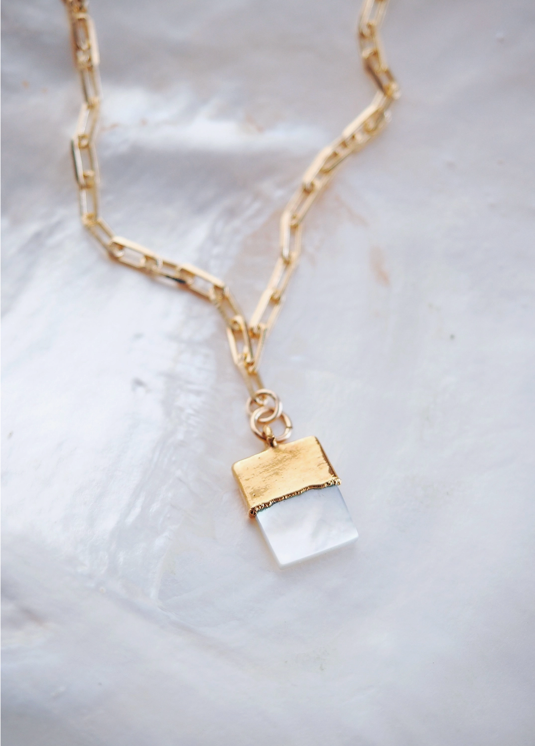 Mother of Pearl Gold Filled Rectangle Charm Necklace - Momilani - Ke Aloha Jewelry