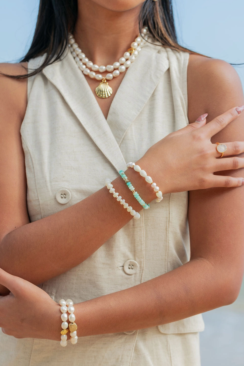 Statement White Pearl Necklace with Gold Shell Pendant - Kawai - Ke Aloha Jewelry