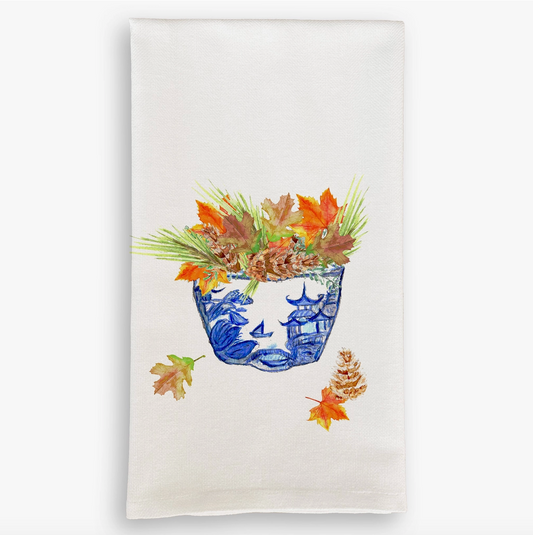 Blue & White Bowl with Fall Leave Linen Tea Towel - French Graffiti