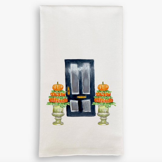 Fall Door with Pumpkin Topiary Linen Tea Towel - French Graffiti