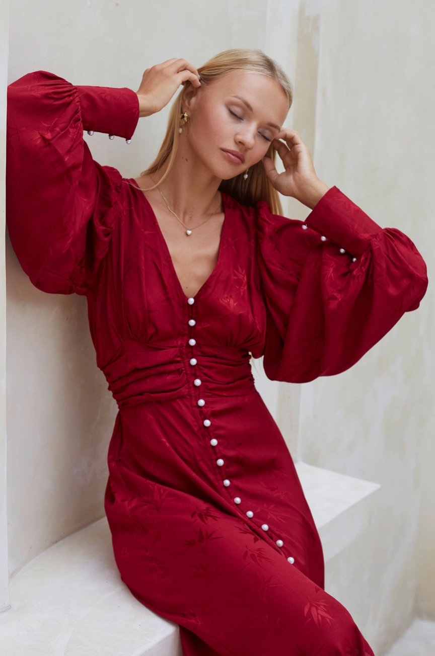 Juliette Button Down Long Sleeve Midi Dress - Pearl Ruby