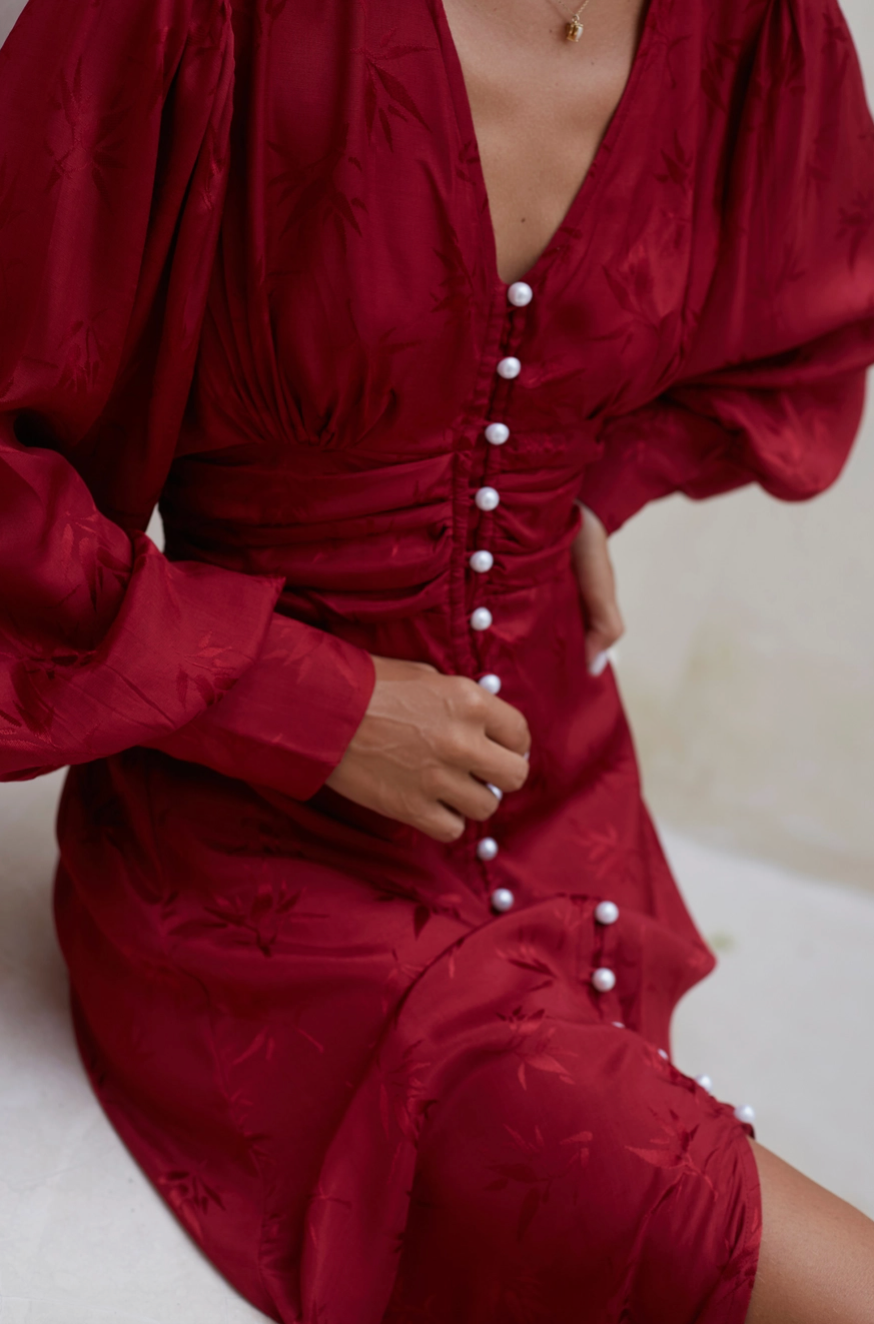 Juliette Button Down Long Sleeve Midi Dress - Pearl Ruby