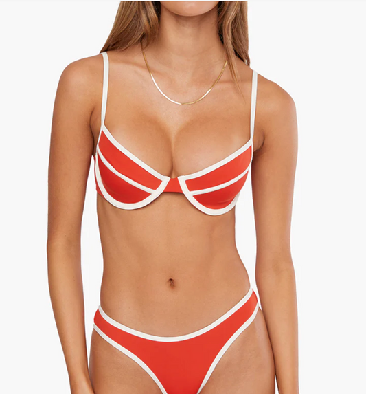 Full Coverage Underwire Bikini Top - Fiery Red/Off White - We Wore What