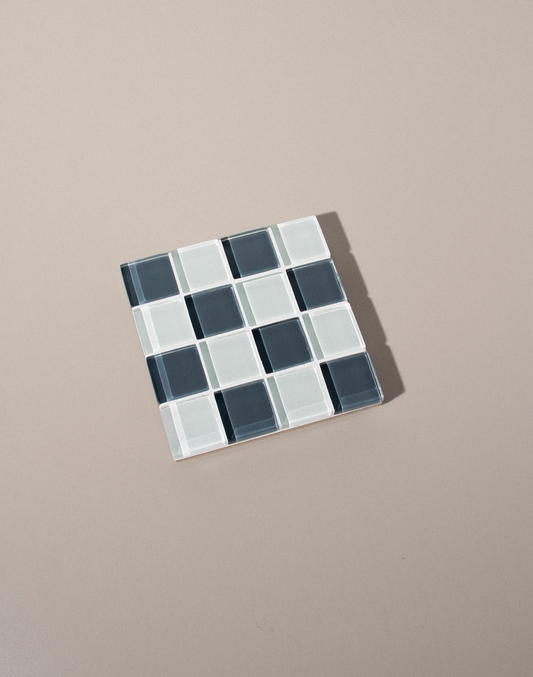 Glass Tile Coaster Checkered -Dark Teal/White - Subtle Art Studios