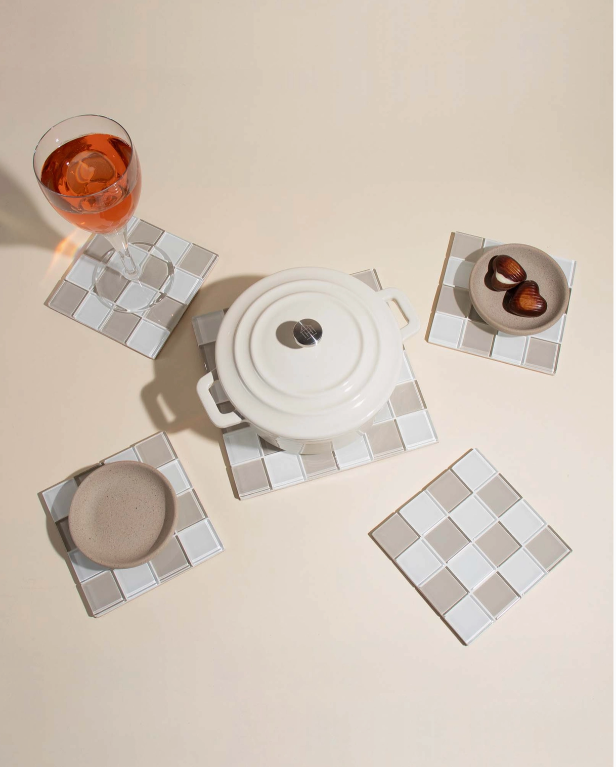 Glass Tile Tray Checkered - Beige/White - Subtle Art Studios