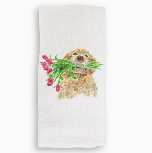 Dog Holding Flowers Linen Tea Towel - French Graffiti