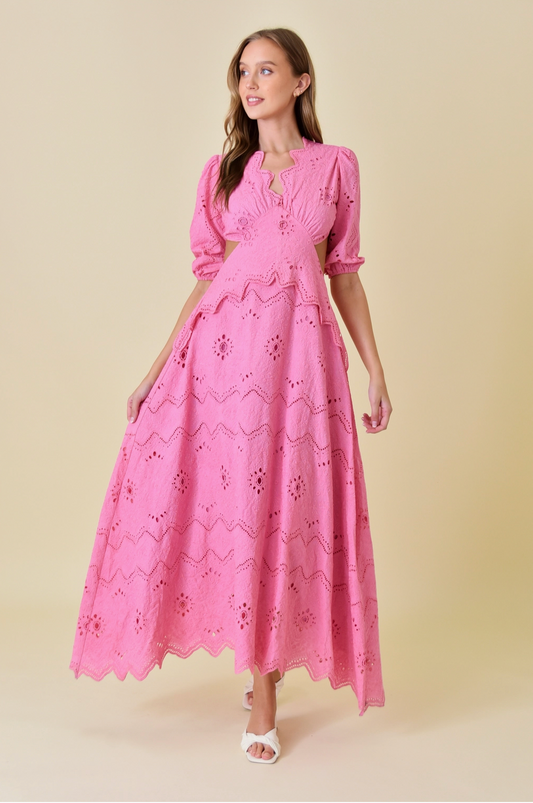 Pink V-Neck Puff Sleeve Eyelet Maxi Dress - Fore Collection