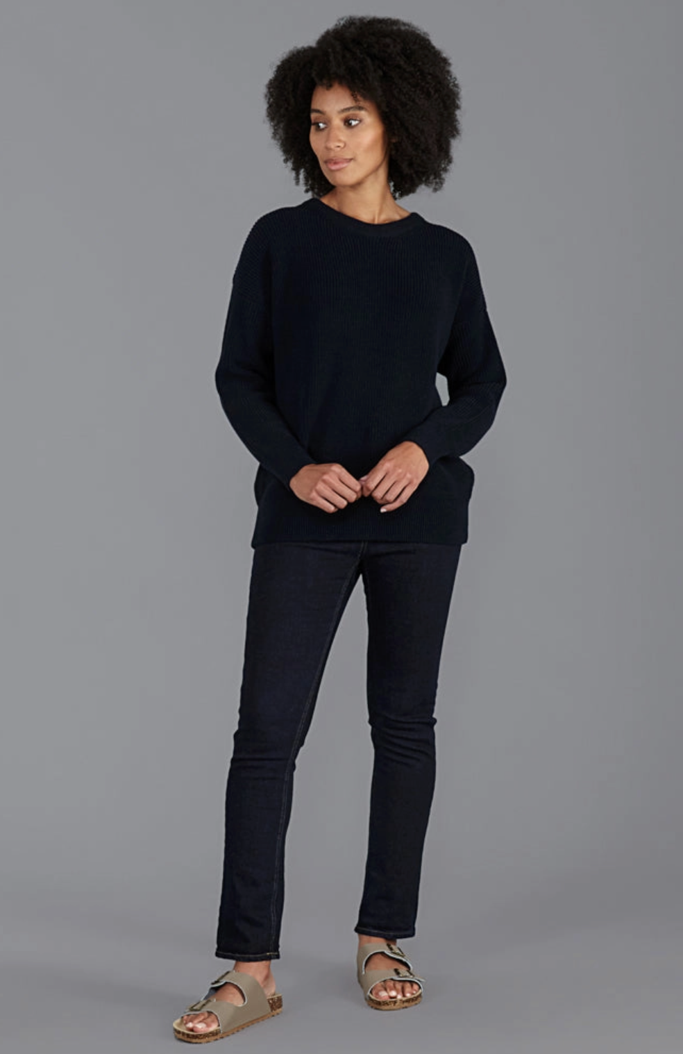 Womens 100% Cotton Ribbed Crew Neck Jumper - Navy - Paul James Knitwear