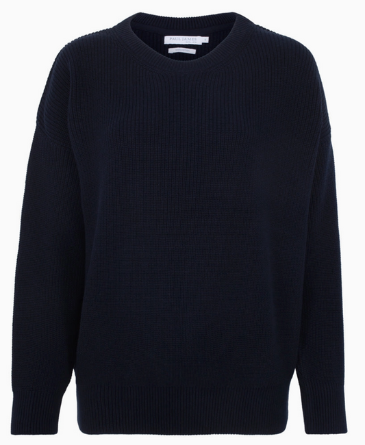 Womens 100% Cotton Ribbed Crew Neck Jumper - Navy - Paul James Knitwear