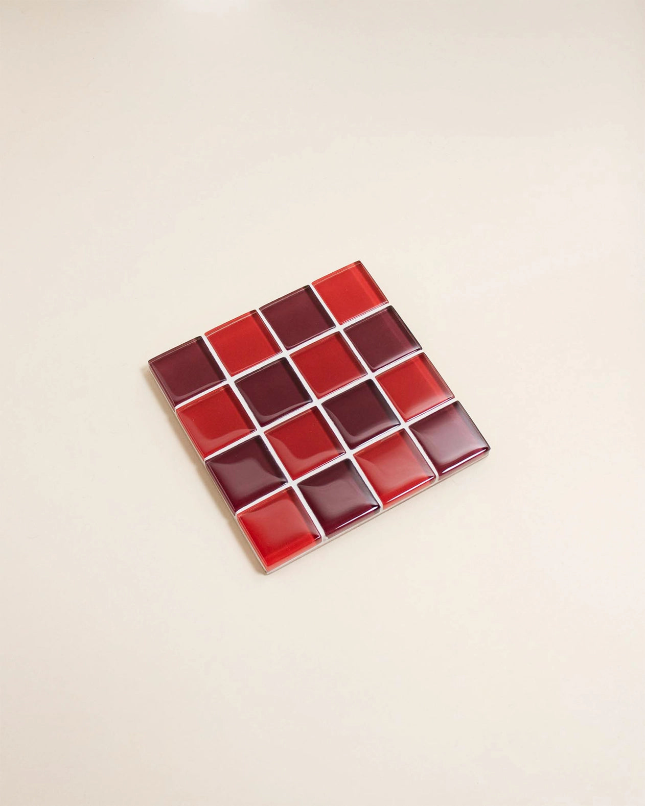 Glass Tile Coaster -  Red + Burgundy Check - Subtle Art Studios