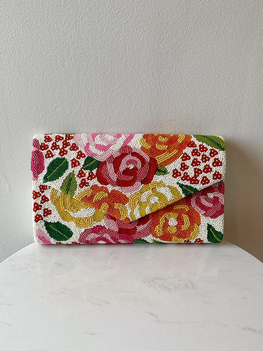 Beaded Envelope Clutch Bag - Flowers