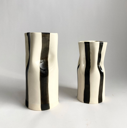Ceramic Pinched Vase with Stripes - Black - 3 SIZES