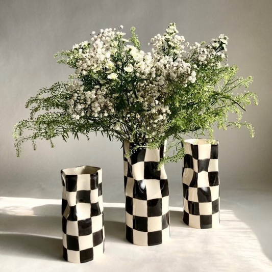 Ceramic Pinched Vase with Checkers - Black - 4 SIZES