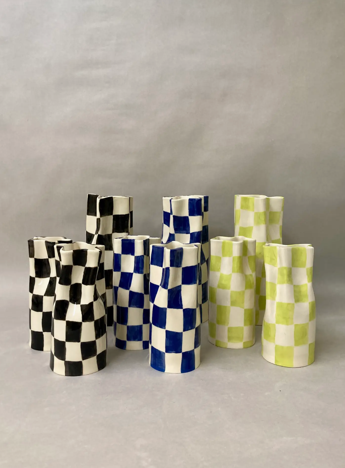 Ceramic Pinched Vase with Checkers - Lime Green - 3 SIZES