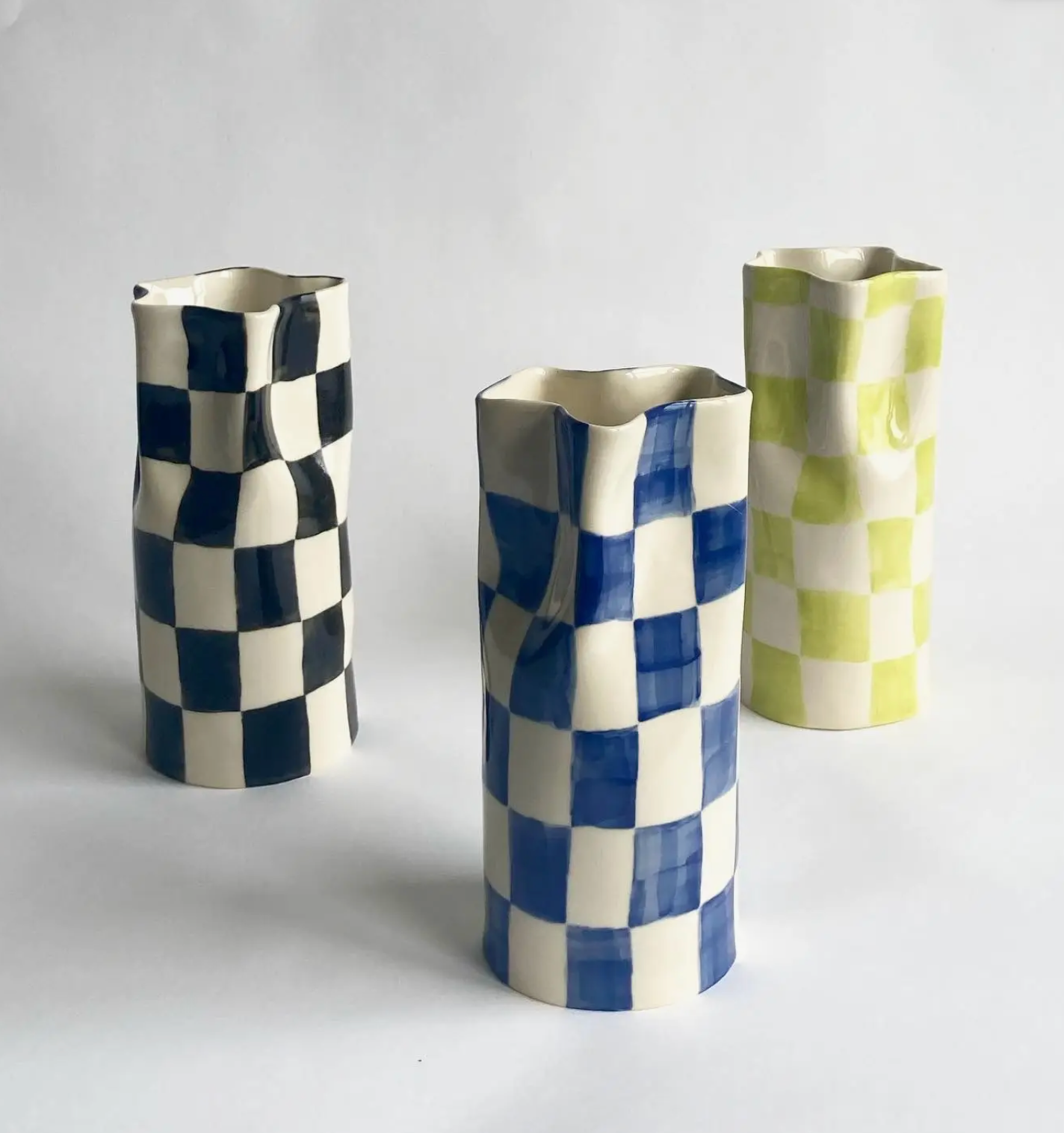 Ceramic Pinched Vase with Checkers - Navy Blue - 3 SIZES