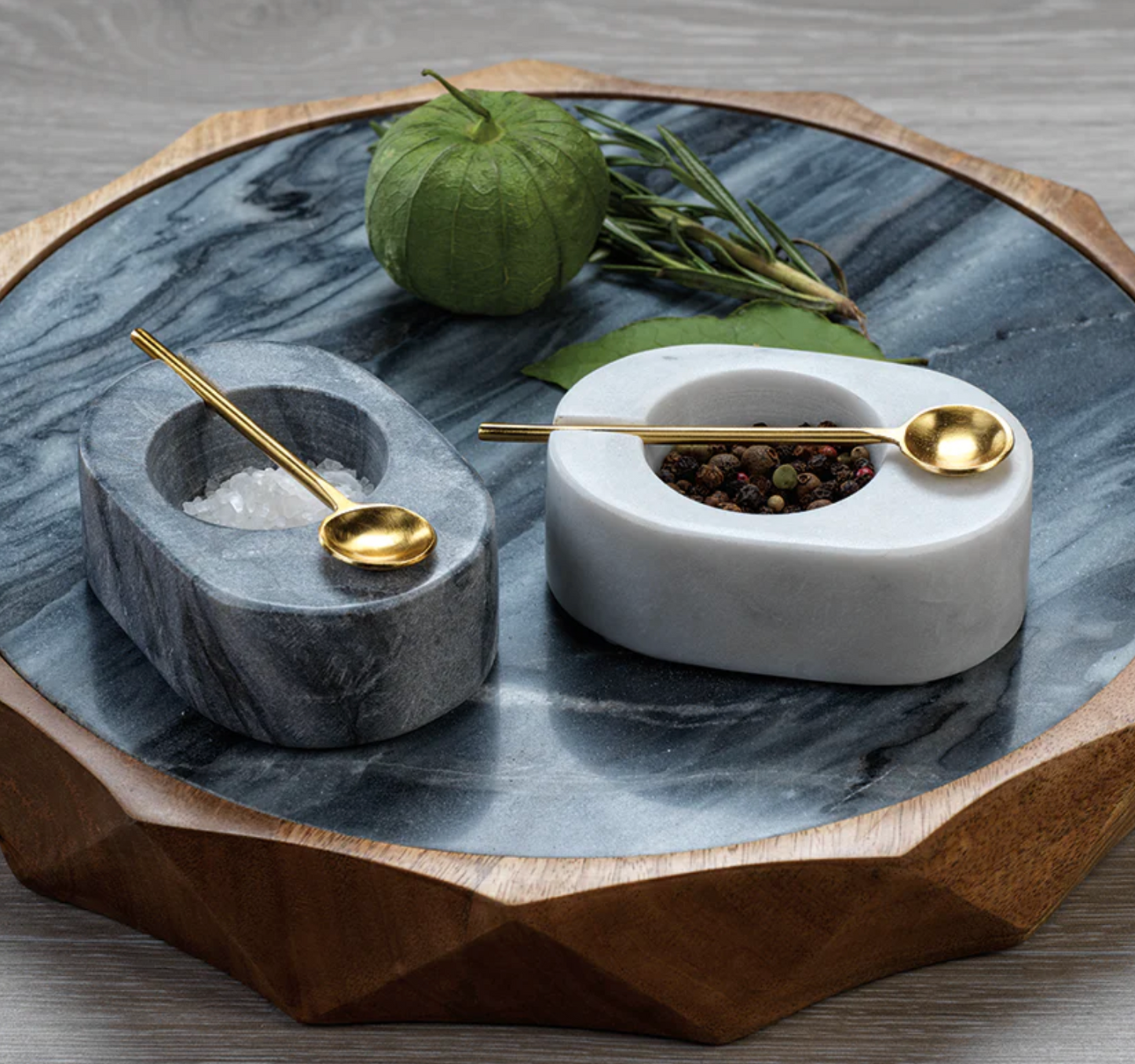 Tuscan Marble Salt and Pepper Bowl with Gold Spoon - White