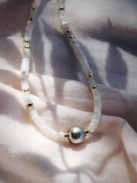 White Shell and Tahitian Pearl Necklace - Lihau - Ke Aloha Jewelry
